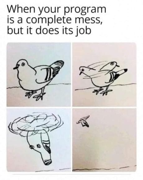 a pigeon flying with their feet as a helicopter, quote When your program is a complete mess, but does its job